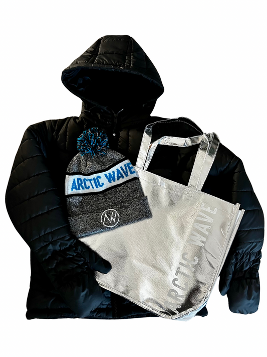 puffer coat, winter, snow, mittens, gloves, matching hat, built-in gloves, builtin gloves, built-in mittens, builtin mittens, attached gloves, attached mittens, pom hat, winter hat, bundle, tote bag, winter bag, waterproof, snap