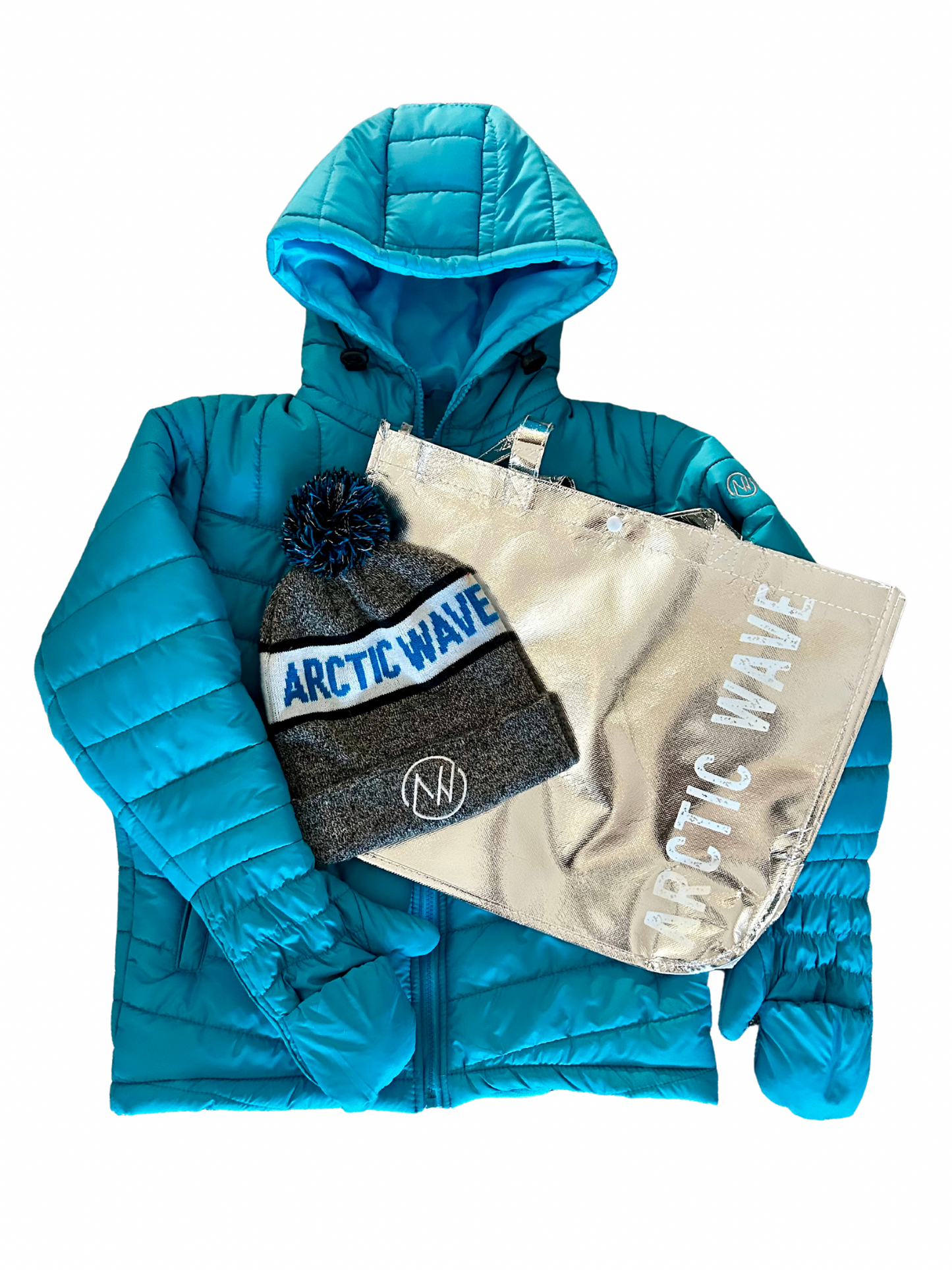 puffer coat, winter, snow, mittens, gloves, matching hat, built-in gloves, builtin gloves, built-in mittens, builtin mittens, attached gloves, attached mittens, pom hat, winter hat, bundle, tote bag, winter bag, waterproof, snap