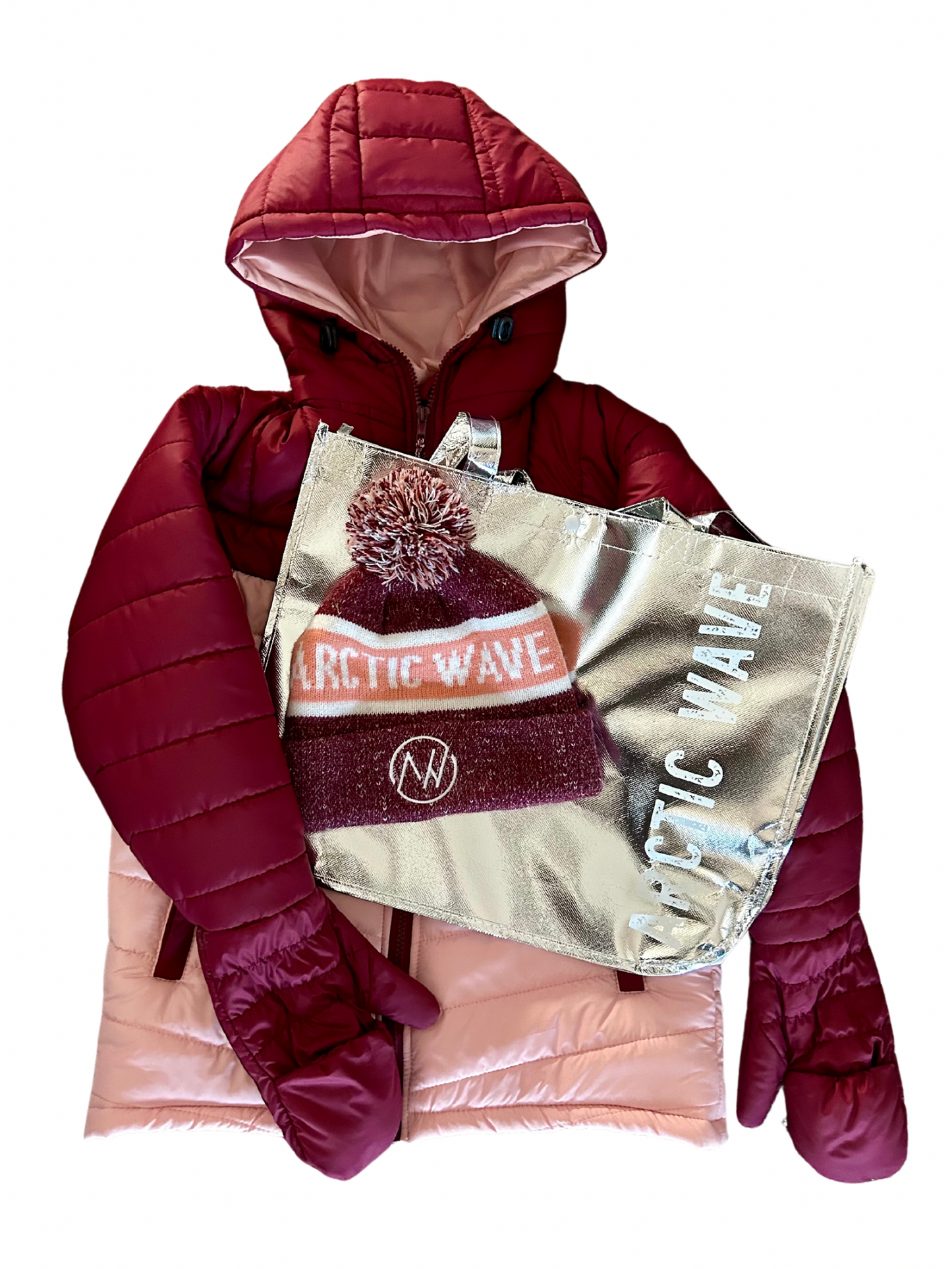 puffer coat, winter, snow, mittens, gloves, matching hat, built-in gloves, builtin gloves, built-in mittens, builtin mittens, attached gloves, attached mittens, pom hat, winter hat, sale, clearance, spring sale, bundle, tote bag, winter bag, waterproof, snap