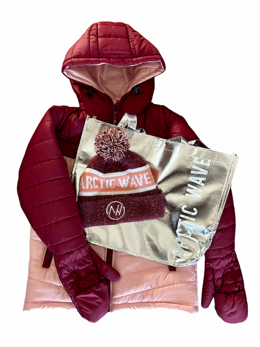 puffer coat, winter, snow, mittens, gloves, matching hat, built-in gloves, builtin gloves, built-in mittens, builtin mittens, attached gloves, attached mittens, pom hat, winter hat, sale, clearance, spring sale, bundle, tote bag, winter bag, waterproof, snap