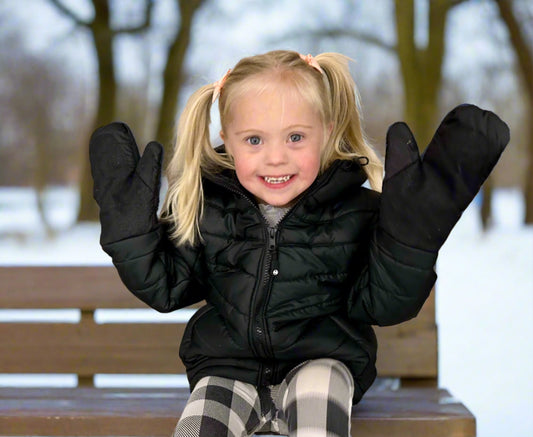 adaptive coat, special needs, attached gloves, attached mittens, down syndrome, girl coat, winter coat, boy coat, jacket, jacket with attached gloves